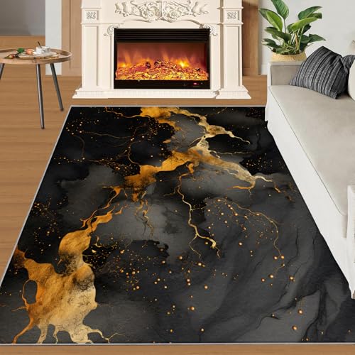 Marmorstruktur Teppich Schwarzgold Schlafzimmerteppiche Moderner Stil Schwarz-Gold-Textur 80x150 Rug Marmor Vorleger Maschinenwaschbarer Rutschfester Teppich Für Stark Frequentierte Bereiche von BEQUTIY
