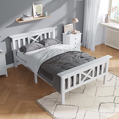 Massivholzbett mit Kopfteil aus Kiefer, Einzel- oder Doppelbett wählbar, Lattenrost und X-Design Rückenlehne, optional mit Schubladen, Jugendbett platzsparend von Generic