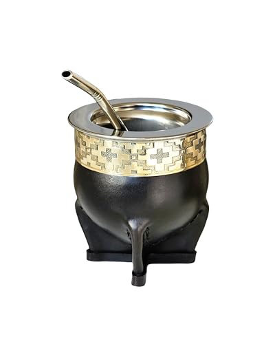 Mate Imperial Argentinische Premium-Tasse – aus Thermo-Edelstahl – außen schwarzes Leder mit deutschem Silber – moderner Yerba Mate Kürbis – inklusive Leuchtmittel als Geschenk. von Generic