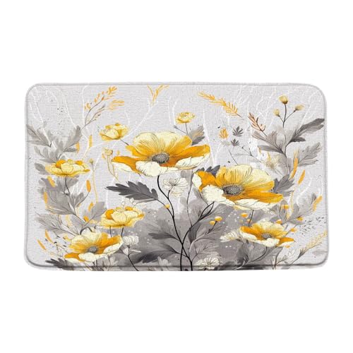 Matte Gelbe Blumen Rustikale Blume Graue Blätter, 40X60Cm Badezimmerteppich Rutschfester Carpet Antibakterielle Haustürmatte Für Porte D'Entrée Couloir Entrée von Generic