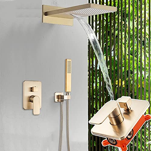 Mattschwarze Duscharmatur Regenfall Wasserfall Duschkopf Mit Handbrause Verdecktes Duschsystem Embedded Box Badewanne Duscharmatur, Brushed Gold Mattschwarze Duscharmatur Regenfall Wasserfall Duschkopf Mit Handbrause Verdecktes Duschsystem Embedded Box Badewanne Duscharmatur, Brushed Gold von Generic