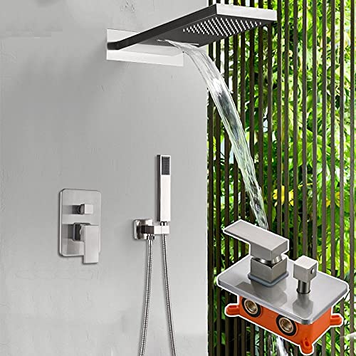 Mattschwarze Duscharmatur Regenfall Wasserfall Duschkopf Mit Handbrause Verdecktes Duschsystem Embedded Box Badewanne Duscharmatur, Brushed Nickel von Generic