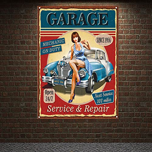 Mechanic on Duty Vintage Car Service & Repair Poster Flagge Auto Repair Shop Wanddekoration Banner Wandmalerei Wandteppich für Garage von Generic