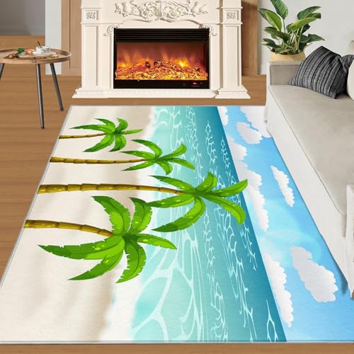 Meer Teppich Strandpflanze Kokosnussbaum Kinderzimmerteppiche Blaue Meereslandschaft 100x140 Rug Kokosnussbaum Vorleger Rutschfester Teppich Für Stark Frequentierte Bereiche von BEQUTIY