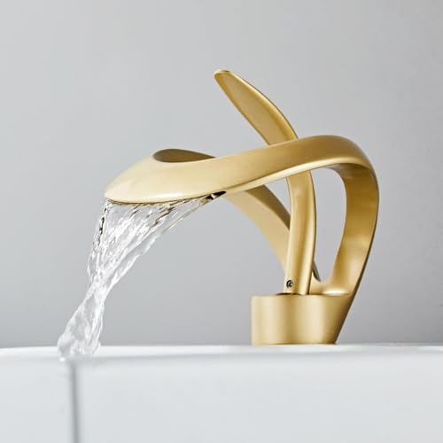 Messing Wasserfall Wasserhahn Kern, elegantes Einloch Badezimmer Waschbecken, einzigartiger zeitgenössischer Waschtisch für hohen Schwanen Wasserhahn (Gold) von Generic