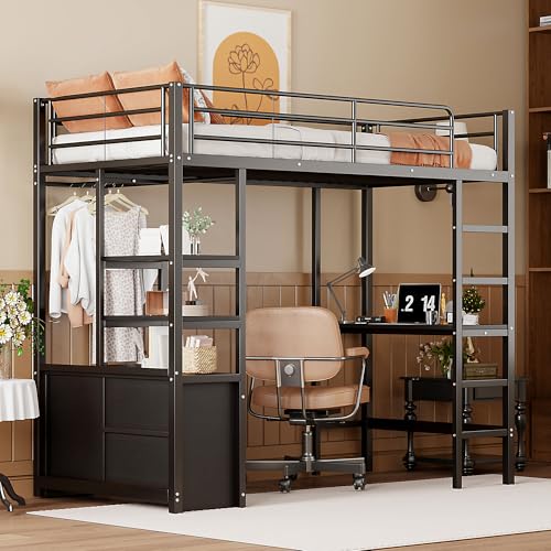 Metall Hochbett mit Schreibtisch, Steckdose und USB, Regalen und offenem Kleiderschrank, platzsparendes Loftbett mit Leiter, Geländer und stabilem Rahmen von Generic