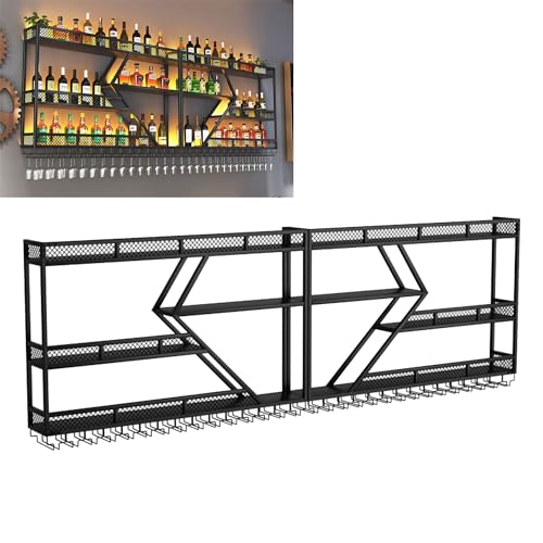 Metall Weinregal Bar Regale Wandmontage mit hängendem Weinglashalter Rack Liquor Flasche Display Regal mit LED-Licht Schwebender Barschrank Whiskey Regal für Home Bar Küche Esszimmer (Farbe von Generic