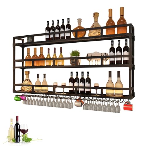 Metall Weinregal Wand Bar Regale montiert mit hängendem Weinglas Rack Spirituosenflasche Display Regal mit LED-Licht Minibar Aufbewahrungsregale für Weinflaschen für Home Bar Cafe Küche Rest Metall Weinregal Wand Bar Regale montiert mit hängendem Weinglas Rack Spirituosenflasche Display Regal mit LED-Licht Minibar Aufbewahrungsregale für Weinflaschen für Home Bar Cafe Küche Rest von Generic