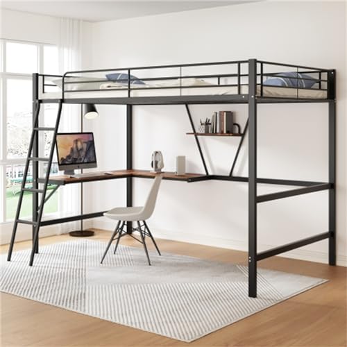 Metallbett 90x200cm Schwarz mit L-förmigem Schreibtisch und Regal - Stabiles Hochbett für Kinder Jugendliche und Erwachsene von Generic