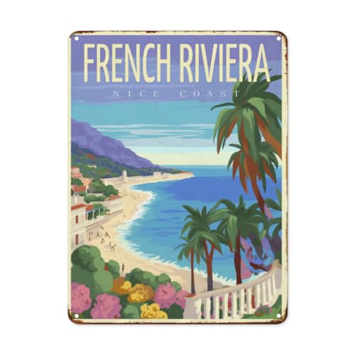 Metallschild Vintage Reise Landschaft Französisch Riviera Nizza Küste Eisenmalerei Nostalgie Metall Poster Vintage Wanddekoration Für Garten Garage Office S von Generic