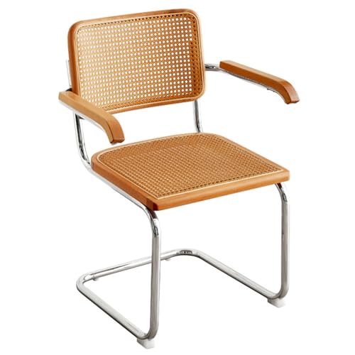 Mid Century Esszimmerstuhl Akzentstuhl Gepolsterter Küchenstuhl aus Holz und Rattan mit natürlicher Rückenlehne aus Rohrgeflecht und Edelstahl Chromgestell für Wohnzimmer/Schlafzimmer von Generic