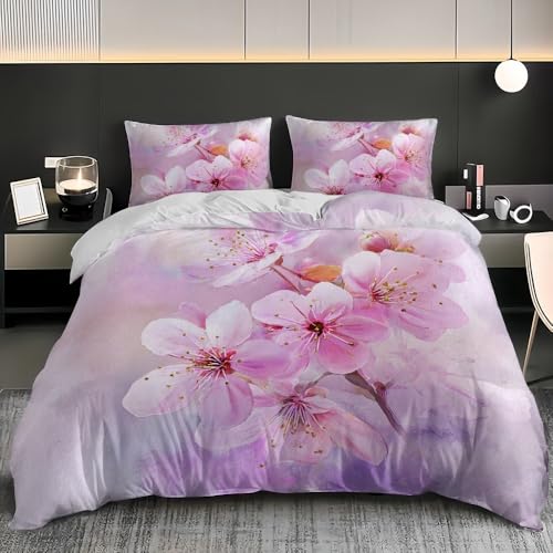 Mikrofaser Bettbezug Weich Atmungsaktiv Bettwäsche-Sets 240x220 cm Aquarell-KirschblüTe Bettbezüge mit Reißverschluss Waschbar Farbecht Lila und Pink Bettwäsche Set für Kinder Erwachsene von Generic