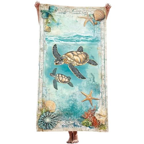 Mikrofaser Handtuch groß (Meeresschildkröten) Strandtuch Mikrofaser 75 x 150 cm mit Wasserdicht Tasche, Schnell Trocknendes, Weiches, Leichtes, Pflegeleicht, Sandfreies Strandhandtuch (Retro) Z-988T von Generic