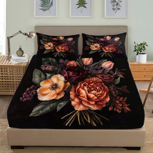 Mikrofaser Kinder Spannbettlaken 120x200 cm - Vintage-Blumen Bettlaken Set 30cm Tiefe Taschenlaken für Boxspringbett, Schwarz Weich Atmungsaktiv Spannbetttuch mit 2 Kissenbezügen 80x80 Mikrofaser Kinder Spannbettlaken 120x200 cm - Vintage-Blumen Bettlaken Set 30cm Tiefe Taschenlaken für Boxspringbett, Schwarz Weich Atmungsaktiv Spannbetttuch mit 2 Kissenbezügen 80x80 von Generic