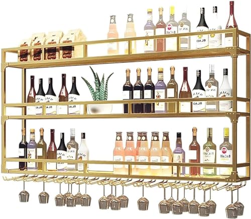 Modern Metal Wine Wall Mounted Shelf with LED Light Wine Glass Holder and Floating Bar Unit 3 Tier Wine Bottle Display Shelves for Home Bar Kitchen Gold (Size: 150x25x90cm) von Generic