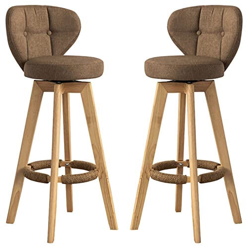 Modern Solid Wood Bar Stools Swivel Design Upholstered Backrest Removable Washable Seat Hanf Rope Footrest 63 cm Height Brown Color Perfect for Kitchen & Dining. von Generic