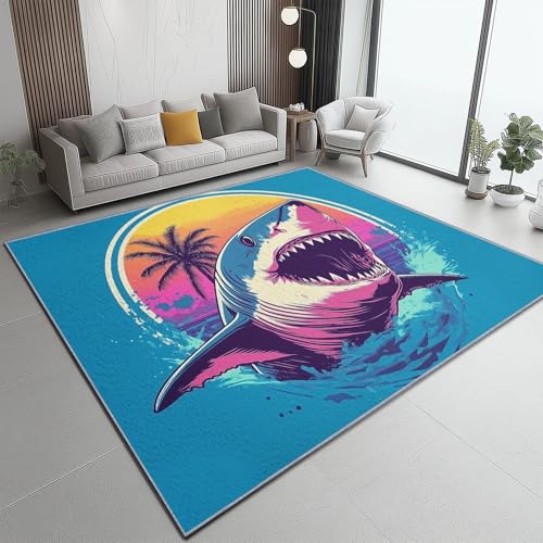Modern rutschfest Teppich 140 x 200 cm, Cartoon Hai Poster Motiv Weich Kurzflor Teppich für Wohnzimmer Schlafzimmer Kinderzimmer Dekoration, Blau Waschbare Teppiche Modern rutschfest Teppich 140 x 200 cm, Cartoon Hai Poster Motiv Weich Kurzflor Teppich für Wohnzimmer Schlafzimmer Kinderzimmer Dekoration, Blau Waschbare Teppiche von Generic