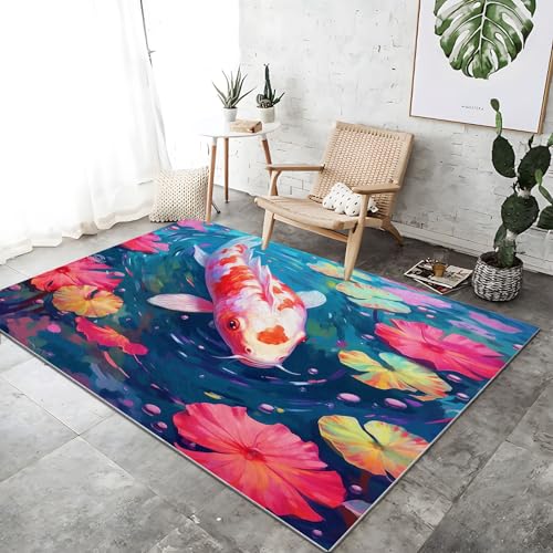 Modern rutschfest Teppich 80 x 150 cm, Chinesischer Stil Teich Karpfen Motiv Weich Kurzflor Teppich für Wohnzimmer Schlafzimmer Kinderzimmer Dekoration, Blau Waschbare Teppiche Modern rutschfest Teppich 80 x 150 cm, Chinesischer Stil Teich Karpfen Motiv Weich Kurzflor Teppich für Wohnzimmer Schlafzimmer Kinderzimmer Dekoration, Blau Waschbare Teppiche von Generic