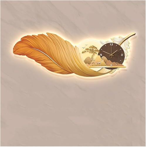 Moderne Feder Wanduhr Kunst Dekor W/Led Licht & Uhr, Hd Bemalte Feder Wandbehang Kunst Für Wohnzimmer Schlafzimmer Büro, Green, 140 * 51cm von Generic