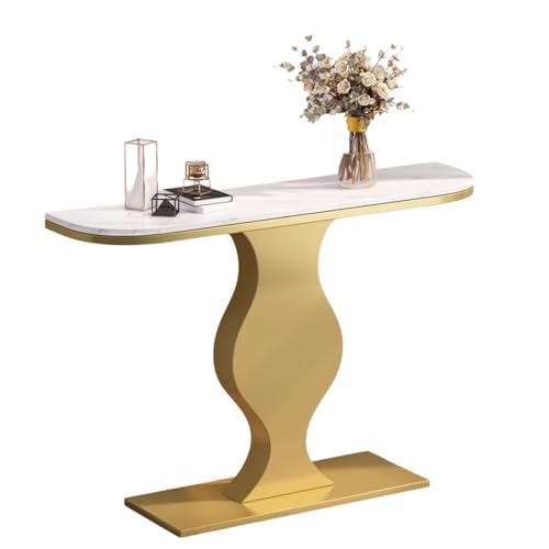 Moderne Schmale Konsole mit Sintersteinplatte, Flurtisch mit Geschwungener Metallbasis, Schlanker Konsolentisch für Wohnzimmer, Diele, Flur oder Sofa(Gold,100 x 30 x 80 cm) von Generic
