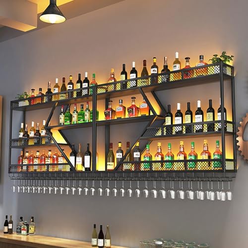 Moderne industrielle Wandmontage mit LED-Leuchten und Glashalter Spirituosenflaschenregal mit großer Kapazität für Bar oder Weinkeller (schwarz) von Generic