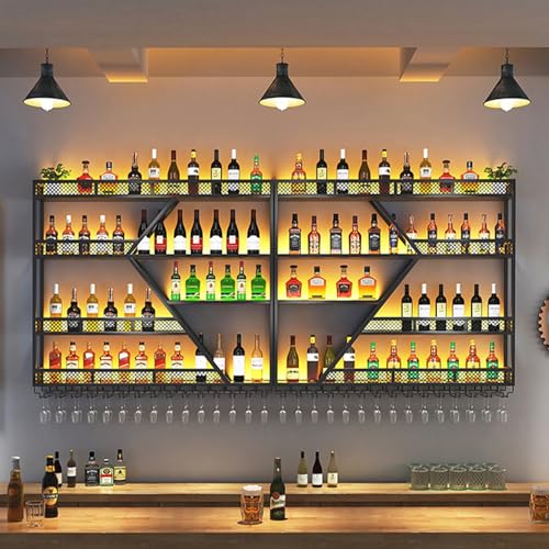Moderne industrielle Wandmontage mit LED-Leuchten und Glashalter Spirituosenlagerregal mit großer Kapazität für Bar oder Keller Stilvolles schwarzes Design Moderne industrielle Wandmontage mit LED-Leuchten und Glashalter Spirituosenlagerregal mit großer Kapazität für Bar oder Keller Stilvolles schwarzes Design von Generic