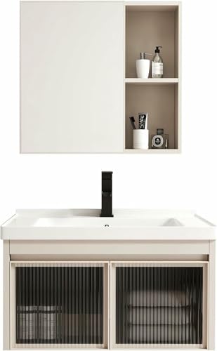 Moderne weiße Badezimmer-Waschtisch- und Waschbecken-Kombination Stilvolles Design mit Spiegel und rechteckigem Keramikgefäß Waschbecken Wasserhahn Pop-Up-Abflussset (Größe: 60 cm / 23,6 Zol Moderne weiße Badezimmer-Waschtisch- und Waschbecken-Kombination Stilvolles Design mit Spiegel und rechteckigem Keramikgefäß Waschbecken Wasserhahn Pop-Up-Abflussset (Größe: 60 cm / 23,6 Zol von Generic