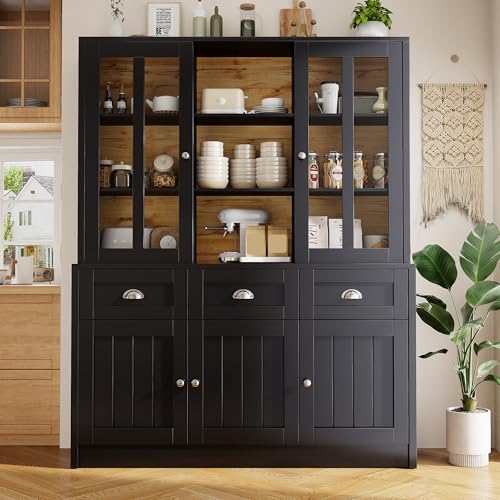 Moderner Hochschrank mit Vitrine und Schubladen – eleganter Stauraum mit Türen, verstellbaren Regalböden und Kippschutz, platzsparend für Wohnzimmer, Küche oder Esszimmer von Generic
