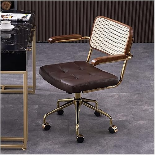 Moderner Home-Office-Stuhl Aus Rindsleder, Rückenlehne Aus Rattan, Armlehne Aus Holz, Verstellbarer Schreibtischstuhl Zum Heben, Gepolsterter Computerstuhl, Dark Coffee, 32.7-35in von Generic
