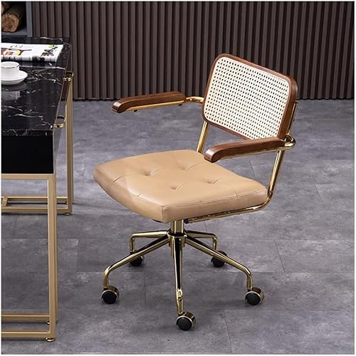 Moderner Home-Office-Stuhl Aus Rindsleder, Rückenlehne Aus Rattan, Armlehne Aus Holz, Verstellbarer Schreibtischstuhl Zum Heben, Gepolsterter Computerstuhl, Khaki, 32.7-35in von Generic