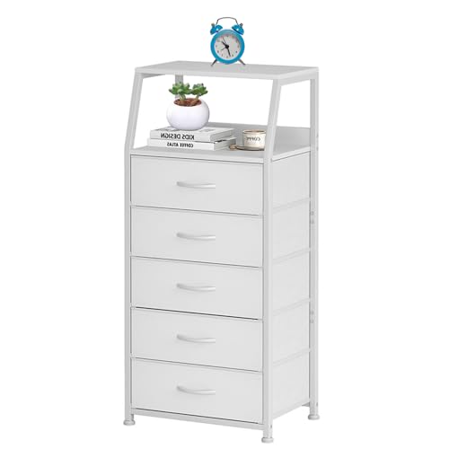 Moderner Nachttisch mit geräumigen Schubladen, Kommode PVC & Stoffaufbewahrung, offener Regal Beizzimmer für Schlafzimmer, Schrank, Eingang, Weiß, Weiß weiß 5-Layer von Generic
