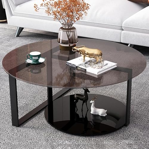 Moderner Runder Couchtisch, Graue Doppelschicht, Platte Aus Gehärtetem Glas, Mattschwarzes Bein, Wohnzimmer-mitteltisch Moderner Runder Couchtisch, Graue Doppelschicht, Platte Aus Gehärtetem Glas, Mattschwarzes Bein, Wohnzimmer-mitteltisch von Generic