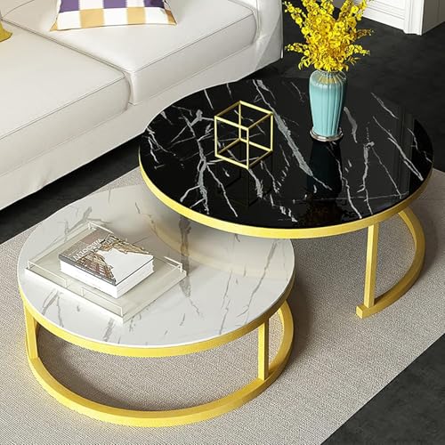 Moderner Runder Couchtisch Nisttisch Beistelltisch Aus Gehärtetem Glas Und Metall 2er-Set Sofatisch Mitteltische Wohnzimmer, Gold Frame, Ø28in+Ø20in von Generic