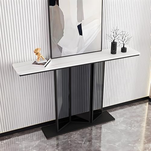 Moderner Schmaler Konsolentisch mit Naturstein Platte Pulver Beschichtetem Metallgestell Verstärkter Basis, Kleine Konsole für den Eingangsbereich(White,140 * 30 * 80cm) von Generic