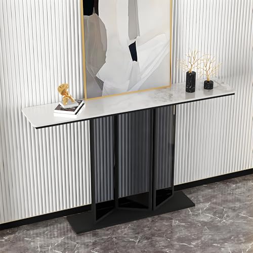 Moderner Schmaler Konsolentisch mit Naturstein Platte Pulver Beschichtetem Metallgestell Verstärkter Basis, Kleine Konsole für den Eingangsbereich(White1,140 * 30 * 80cm) von Generic