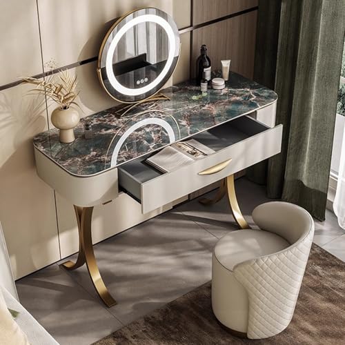 Moderner Schminktisch mit Schubladen und Gepolsterter Hocker Kosmetiktisch Gesinterte Steinplatte Edelstahlbeine Frisiertisch Set für Schlafzimmer Wohnzimmer(31.49in/80cm) von Generic