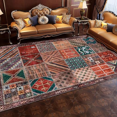 Moderner Wohnzimmerteppich Rechteck Design Teppich Für Schlafzimmer Nachttisch Couchtisch Sofa Leicht Zu Reinigen Geometrische Quadrate Patchwork Dunkelrotbraun, 90 x 160 cm von Generic