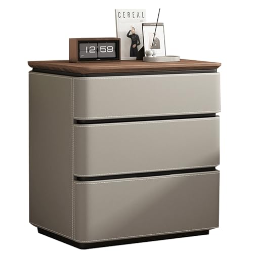 Moderner minimalistischer Nachttisch aus Massivholz mit Sattellederbesatz, Schubladenelement, Nachttisch mit DREI Schubladen und Stauraumfunktion(D,45cm(17.7in)) von Generic