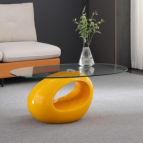Moderner ovaler Kaffeetisch aus Glas mit Hartglas-Oberseite und hochglänzendem Hollow Storage Shelf Base Stylish Center Tisch für Zuhause, Wohnzimmer, Schlafzimmer oder Büro, leicht zu reinigen und zu von Generic
