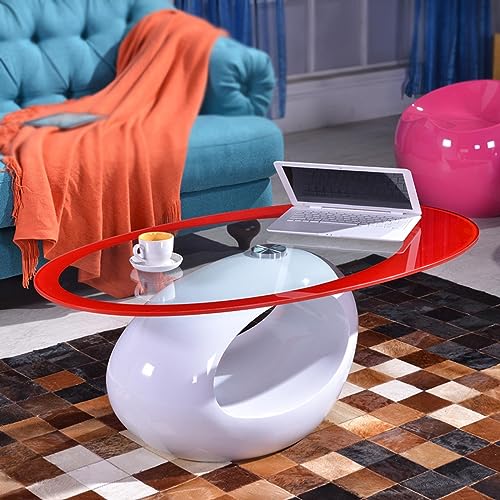 Moderner ovaler Kaffeetisch mit Hartglas-Oberseite und hochglänzendem Hollow Storage Shelf Base Stylish Center Tisch für Wohnzimmer Schlafzimmer und Büro, leicht zu reinigen und zeitgenössisches von Generic