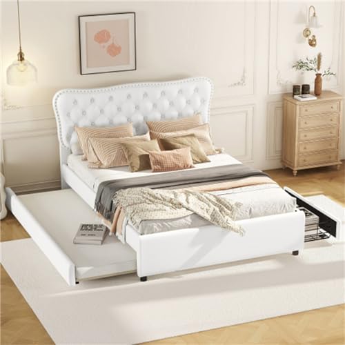 Modernes Doppelbett, 140x200 cm (90x190 cm), PU-Stoff, mit Ausziehbarem Bett und Zwei Großen Schubladen, Ideal für Gästezimmer (Weiß) von Generic