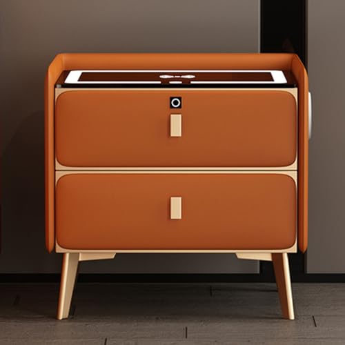 Modernes Glas Top Nachtstand mit Ladestation LED Lichter 2 Fächer Fingerprint Lock Bluetooth Lautsprecher Orange (50 * 40 * 60cm) von Generic