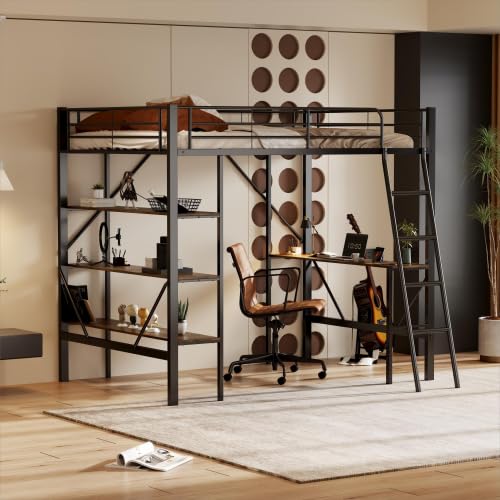 Modernes Hochbettgestell Aus Metall Mit Schreibtisch, DREI Großen Regalen Und Leiter, Perfekt Für Hauptgäste- Und Jugendzimmer (matratze Nicht Im Lieferumfang Enthalten)(Color:Schwarz) von Generic
