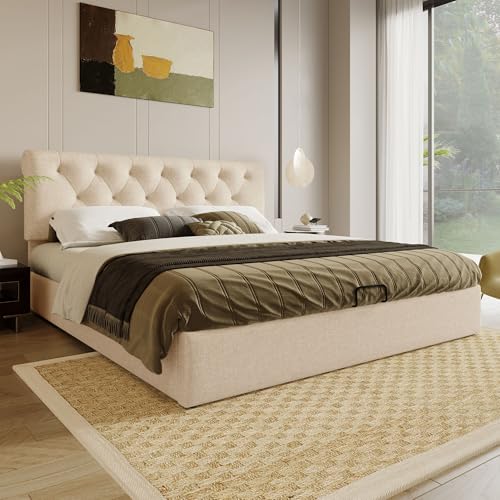 Modernes Polster-Doppelbett mit Stauraum und verstellbarem Kopfteil, gemütliches Funktionsbett mit Lattenrost und hydraulischem Bettkasten – ideal für Paare und Junge Erwachsene von Generic