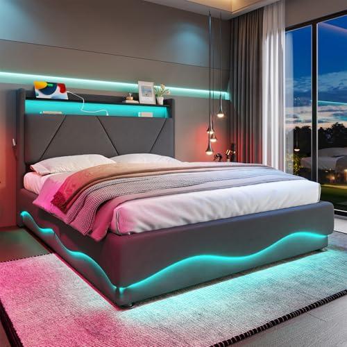 Modernes Polsterbett 140 x 200 Doppelbett Kopfteil mit LED und Ablageflächen, extra Stauraum unten, leiser Gasdruck-Lattenrost, zertifizierte USB-Anschlüsse, praktische Seitentaschen. von Generic