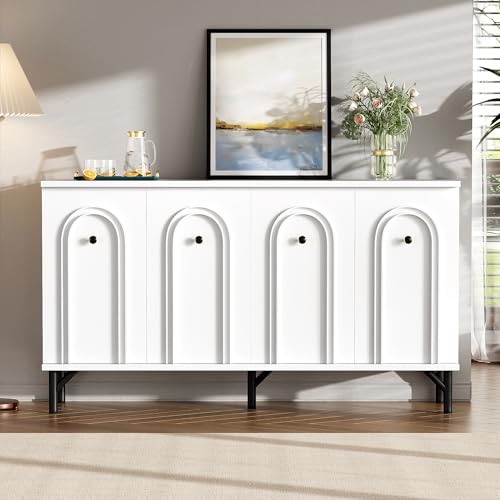 Modernes Sideboard 140 cm Breit mit 4 Türen Verstellbare Einlegeböden Stauschrank 3D-Bogenfront Buffetschrank für Wohnzimmer Esszimmer Küche Flur Anrichte Weiß von Generic