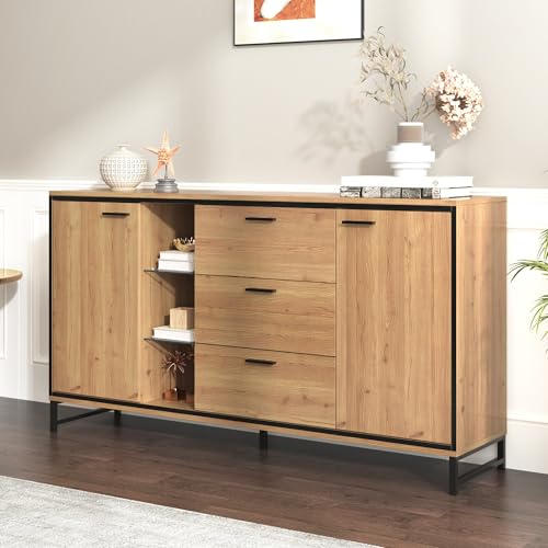 Modernes Sideboard in Holzoptik mit DREI Schubladen und Ablagefächern, verstellbaren Regalen, stilvolle Aufbewahrungslösung für Wohnzimmer, Esszimmer und Küche, Natural, 160 L x 40 B x 85 H(cm) von Generic