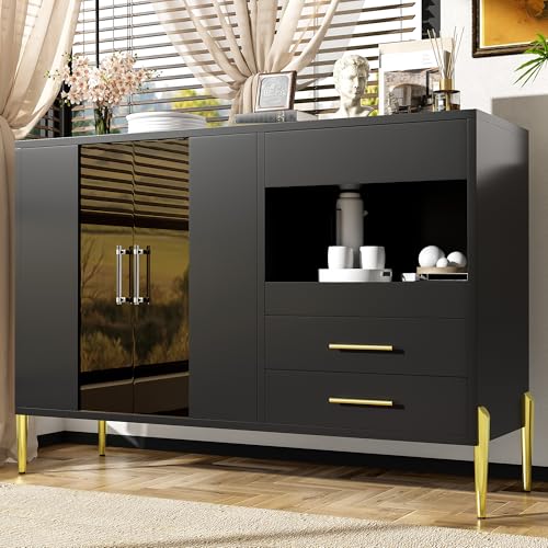 Modernes Sideboard mit Glastür, Kristall-Acryl-Griffe, goldene Metallbeine, 2 Türen, 3 Schubladen, verstellbare Einlegeböden – Esszimmer und Wohnzimmer Aufbewahrungsmöbel, 120x39.5x84cm, Schwarz Modernes Sideboard mit Glastür, Kristall-Acryl-Griffe, goldene Metallbeine, 2 Türen, 3 Schubladen, verstellbare Einlegeböden – Esszimmer und Wohnzimmer Aufbewahrungsmöbel, 120x39.5x84cm, Schwarz von Generic
