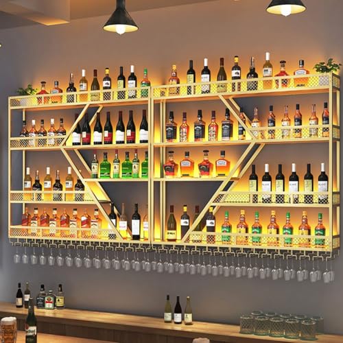 Modernes industrielles wandmontiertes Weinregal mit LED-Leuchten und Glashalter Spirituosenflaschenregal mit großer Kapazität für Bartheke oder Weinkeller Elegantes Gold-Finish Modernes industrielles wandmontiertes Weinregal mit LED-Leuchten und Glashalter Spirituosenflaschenregal mit großer Kapazität für Bartheke oder Weinkeller Elegantes Gold-Finish von Generic