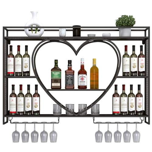 Modernes wandmontiertes Weinregal aus Metall mit LED-Licht, schwebenden Spirituosenregalen und Weinglashalter Multifunktionaler Display-Speicher für Küche Home Bar Cafe Schwarz (140x15x...) von Generic